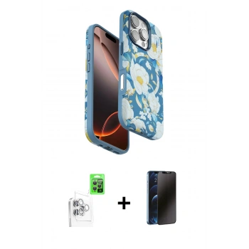 MARSİLYAN™- iPhone 16 Pro Max Kılıf Siluet Doku - Siyah 3D Antistatik Hayalet Cam Ekran Koruyucu + Raze Metal Kamera Lens - BZ