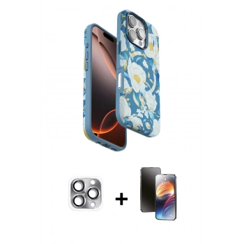 MARSİLYAN™- iPhone 16 Pro Max Kılıf Siluet Doku - Siyah 3D Antistatik Mat Seramik Nano Ekran Koruyucu + Pers Alüminyum Kamera Lens - GI