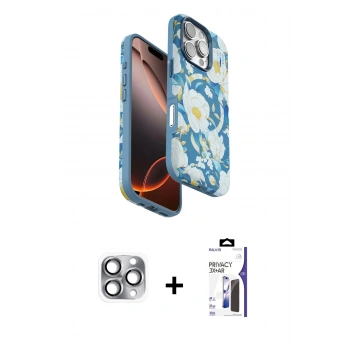 MARSİLYAN™- iPhone 16 Pro Max Kılıf Siluet Doku - Siyah Bilvis 3X AR Hayalet Cam Ekran Koruyucu + Pers Alüminyum Kamera Lens - GI