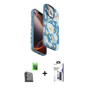 MARSİLYAN™- iPhone 16 Pro Max Kılıf Siluet Doku - Siyah Bilvis 3X AR Hayalet Cam Ekran Koruyucu + Raze Metal Kamera Lens - SH