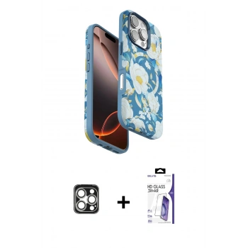 MARSİLYAN™- iPhone 16 Pro Max Kılıf Siluet Doku - Siyah Bilvis 3X AR HD Cam Ekran Koruyucu + PVD Metal Kamera Lens - GS