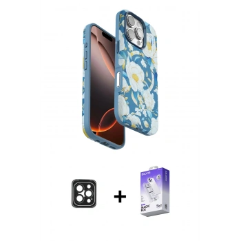 MARSİLYAN™- iPhone 16 Pro Max Kılıf Siluet Doku - Siyah Bilvis 5in1 3D Magic Cam Ekran Koruyucu + PVD Metal Kamera Lens - SH