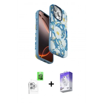 MARSİLYAN™- iPhone 16 Pro Max Kılıf Siluet Doku - Siyah Bilvis 5in1 3D Magic Cam Ekran Koruyucu + Raze Metal Kamera Lens - BZ