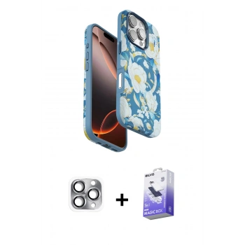 MARSİLYAN™- iPhone 16 Pro Max Kılıf Siluet Doku - Siyah Bilvis 5in1 5D Magic Hayalet Cam Ekran Koruyucu + Pers Alüminyum Kamera Lens - GI