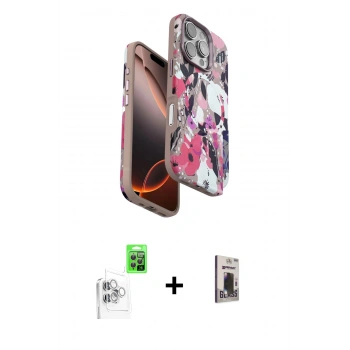 MARSİLYAN™- iPhone 16 Pro Max Kılıf Siluet Doku - Siyah Bilvis Hayalet Cam Ekran Koruyucu + Raze Metal Kamera Lens - BZ