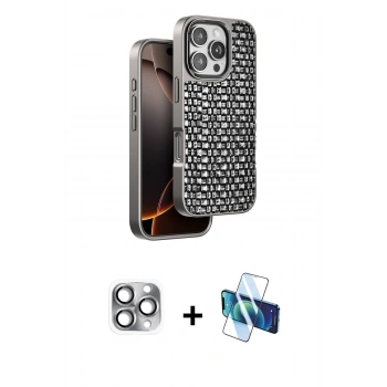 MARSİLYAN™- iPhone 16 Pro Max Kılıf Siluet Form Serisi - Siyah 3D Antistatik Cam Ekran Koruyucu + Pers Alüminyum Kamera Lens - GI