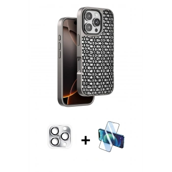MARSİLYAN™- iPhone 16 Pro Max Kılıf Siluet Form Serisi - Siyah 3D Antistatik Cam Ekran Koruyucu + Pers Alüminyum Kamera Lens - GS