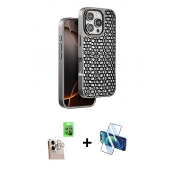 MARSİLYAN™- iPhone 16 Pro Max Kılıf Siluet Form Serisi - Siyah 3D Antistatik Cam Ekran Koruyucu + Raze Metal Kamera Lens - NLGY