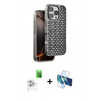 MARSİLYAN™- iPhone 16 Pro Max Kılıf Siluet Form Serisi - Siyah 3D Antistatik Cam Ekran Koruyucu + Raze Metal Kamera Lens - BZ