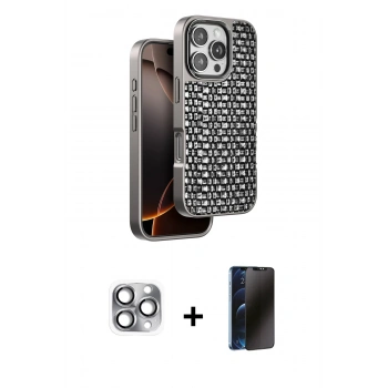 MARSİLYAN™- iPhone 16 Pro Max Kılıf Siluet Form Serisi - Siyah 3D Antistatik Hayalet Cam Ekran Koruyucu + Pers Alüminyum Kamera Lens - GI