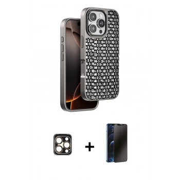 MARSİLYAN™- iPhone 16 Pro Max Kılıf Siluet Form Serisi - Siyah 3D Antistatik Hayalet Cam Ekran Koruyucu + PVD Metal Kamera Lens - GD