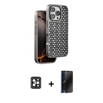 MARSİLYAN™- iPhone 16 Pro Max Kılıf Siluet Form Serisi - Siyah 3D Antistatik Hayalet Cam Ekran Koruyucu + PVD Metal Kamera Lens - SH
