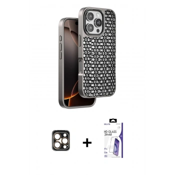 MARSİLYAN™- iPhone 16 Pro Max Kılıf Siluet Form Serisi - Siyah Bilvis 3X AR HD Cam Ekran Koruyucu + PVD Metal Kamera Lens - GD