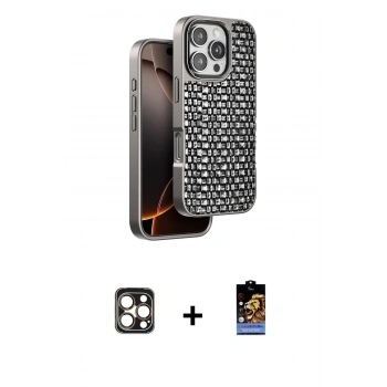 MARSİLYAN™- iPhone 16 Pro Max Kılıf Siluet Form Serisi - Siyah Buffer Hayalet Cam Ekran Koruyucu + PVD Metal Kamera Lens - GD