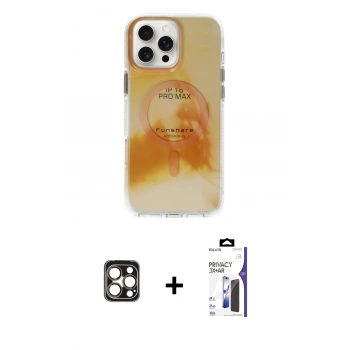 MARSİLYAN™- iPhone 16 Pro Max Kılıf Ufuk Doku Prime - Siyah Bilvis 3X AR Hayalet Cam Ekran Koruyucu + PVD Metal Kamera Lens - GD