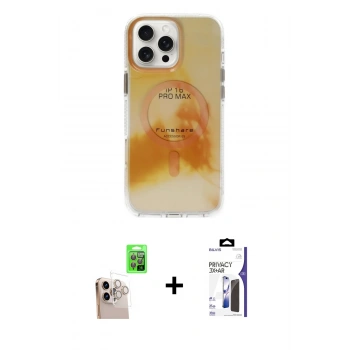 MARSİLYAN™- iPhone 16 Pro Max Kılıf Ufuk Doku Prime - Siyah Bilvis 3X AR Hayalet Cam Ekran Koruyucu + Raze Metal Kamera Lens - NLGY