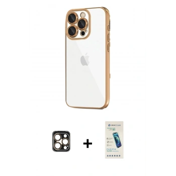 MARSİLYAN™- iPhone 16 Pro Max Kılıf Vadi Minimal - Şeffaf Pasifik Cam Ekran Koruyucu + PVD Metal Kamera Lens - GD