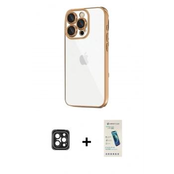 MARSİLYAN™- iPhone 16 Pro Max Kılıf Vadi Minimal - Şeffaf Pasifik Cam Ekran Koruyucu + PVD Metal Kamera Lens - SH