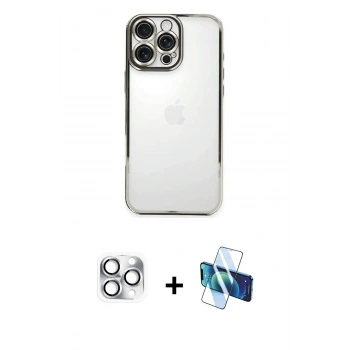 MARSİLYAN™- iPhone 16 Pro Max Kılıf Vadi Minimal - Siyah 3D Antistatik Cam Ekran Koruyucu + Pers Alüminyum Kamera Lens - GS