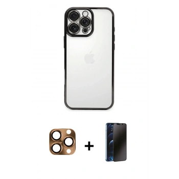MARSİLYAN™- iPhone 16 Pro Max Kılıf Vadi Minimal - Siyah 3D Antistatik Hayalet Cam Ekran Koruyucu + Pers Alüminyum Kamera Lens - CLTM