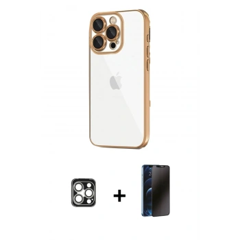MARSİLYAN™- iPhone 16 Pro Max Kılıf Vadi Minimal - Siyah 3D Antistatik Hayalet Cam Ekran Koruyucu + PVD Metal Kamera Lens - GS