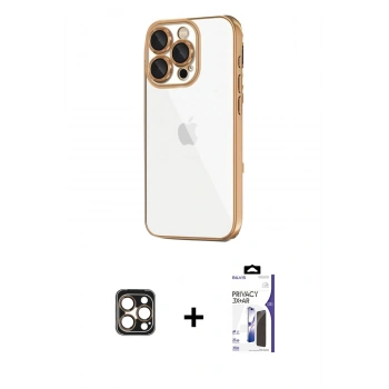 MARSİLYAN™- iPhone 16 Pro Max Kılıf Vadi Minimal - Siyah Bilvis 3X AR Hayalet Cam Ekran Koruyucu + PVD Metal Kamera Lens - GD