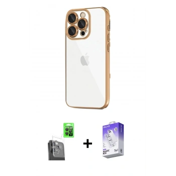 MARSİLYAN™- iPhone 16 Pro Max Kılıf Vadi Minimal - Siyah Bilvis 5in1 3D Magic Cam Ekran Koruyucu + Raze Metal Kamera Lens - SH