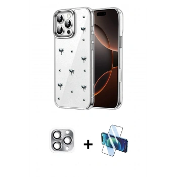MARSİLYAN™- iPhone 16 Pro Max Kılıf Yörünge Form - Siyah 3D Antistatik Cam Ekran Koruyucu + Pers Alüminyum Kamera Lens - GI