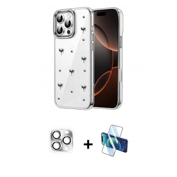 MARSİLYAN™- iPhone 16 Pro Max Kılıf Yörünge Form - Siyah 3D Antistatik Cam Ekran Koruyucu + Pers Alüminyum Kamera Lens - GS