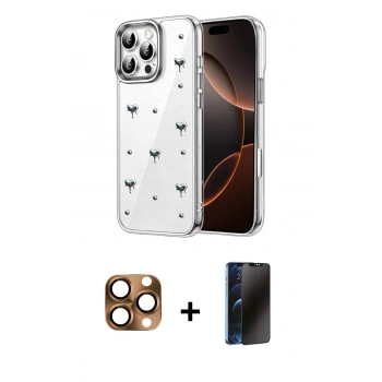 MARSİLYAN™- iPhone 16 Pro Max Kılıf Yörünge Form - Siyah 3D Antistatik Hayalet Cam Ekran Koruyucu + Pers Alüminyum Kamera Lens - CLTM