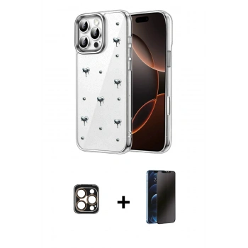 MARSİLYAN™- iPhone 16 Pro Max Kılıf Yörünge Form - Siyah 3D Antistatik Hayalet Cam Ekran Koruyucu + PVD Metal Kamera Lens - GD