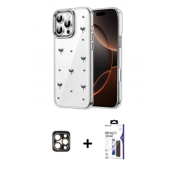 MARSİLYAN™- iPhone 16 Pro Max Kılıf Yörünge Form - Siyah Bilvis 3X AR Hayalet Cam Ekran Koruyucu + PVD Metal Kamera Lens - GD