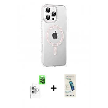 MARSİLYAN™- iPhone 16 Pro Max Kılıf Yörünge Koleksiyonu - Şeffaf Pasifik Cam Ekran Koruyucu + Raze Metal Kamera Lens - BZ