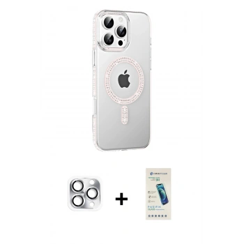 MARSİLYAN™- iPhone 16 Pro Max Kılıf Yörünge Koleksiyonu - Şeffaf Pasifik Cam Ekran Koruyucu + Pers Alüminyum Kamera Lens - GS