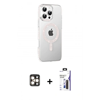 MARSİLYAN™- iPhone 16 Pro Max Kılıf Yörünge Koleksiyonu - Siyah Bilvis 3X AR Hayalet Cam Ekran Koruyucu + PVD Metal Kamera Lens - GD