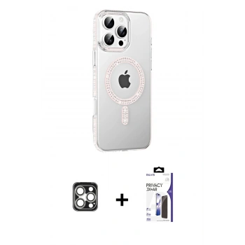 MARSİLYAN™- iPhone 16 Pro Max Kılıf Yörünge Koleksiyonu - Siyah Bilvis 3X AR Hayalet Cam Ekran Koruyucu + PVD Metal Kamera Lens - GS