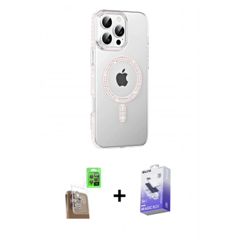 MARSİLYAN™- iPhone 16 Pro Max Kılıf Yörünge Koleksiyonu - Siyah Bilvis 5in1 5D Magic Hayalet Cam Ekran Koruyucu + Raze Metal Kamera Lens - CLTM