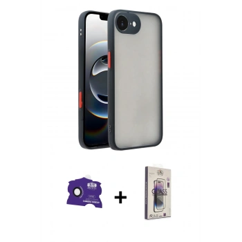 MARSİLYAN™- iPhone 16E Kılıf Ahenk Çizgi Serisi - Siyah Bilvis 3D Cam Ekran Koruyucu + Bilvis Titan Kamera Lens - SH