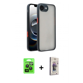 MARSİLYAN™- iPhone 16E Kılıf Ahenk Çizgi Serisi - Siyah Bilvis 3D Cam Ekran Koruyucu + Raze Metal Kamera Lens - SH