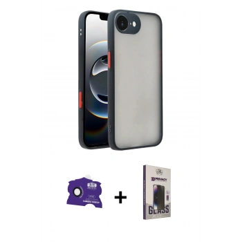 MARSİLYAN™- iPhone 16E Kılıf Ahenk Çizgi Serisi - Siyah Bilvis Hayalet Cam Ekran Koruyucu + Bilvis Titan Kamera Lens - SH