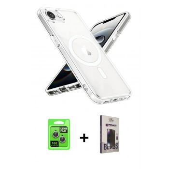 MARSİLYAN™- iPhone 16E Kılıf Ahenk Yansıma Prime - Siyah Bilvis Hayalet Cam Ekran Koruyucu + Raze Metal Kamera Lens - GS