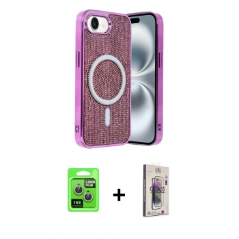 MARSİLYAN™- iPhone 16E Kılıf Eksen Çizgi - Siyah Bilvis 3D Cam Ekran Koruyucu + Raze Metal Kamera Lens - GS
