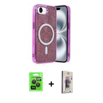 MARSİLYAN™- iPhone 16E Kılıf Eksen Çizgi - Siyah Bilvis 3D Cam Ekran Koruyucu + Raze Metal Kamera Lens - SH