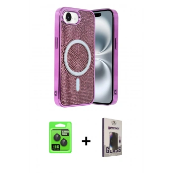 MARSİLYAN™- iPhone 16E Kılıf Eksen Çizgi - Siyah Bilvis Hayalet Cam Ekran Koruyucu + Raze Metal Kamera Lens - SH