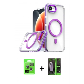 MARSİLYAN™- iPhone 16E Kılıf Kozmos Doku Koleksiyonu - Şeffaf 360 Full Body Arka Koruyucu + Raze Metal Kamera Lens - GS