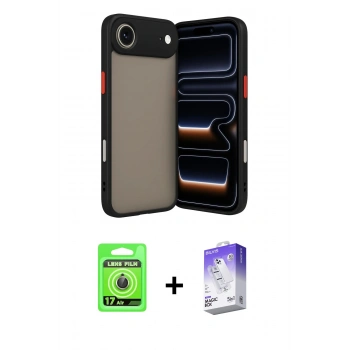 MARSİLYAN™- iPhone 17 Air Kılıf Ahenk Çizgi Serisi - Siyah Bilvis 5in1 3D Magic Cam Ekran Koruyucu + Raze Metal Kamera Lens - GD