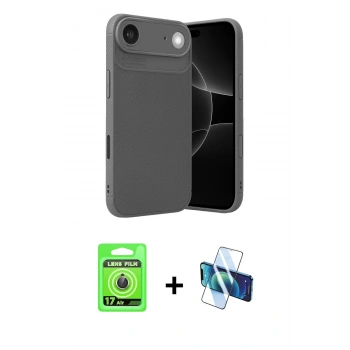 MARSİLYAN™- iPhone 17 Air Kılıf Eksen Form Prime - Siyah 3D Antistatik Cam Ekran Koruyucu + Raze Metal Kamera Lens - GD