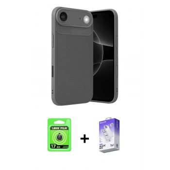 MARSİLYAN™- iPhone 17 Air Kılıf Eksen Form Prime - Siyah Bilvis 5in1 3D Magic Cam Ekran Koruyucu + Raze Metal Kamera Lens - GD