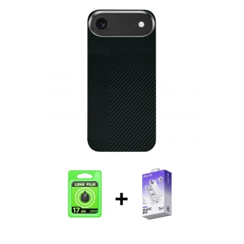 MARSİLYAN™- iPhone 17 Air Kılıf Kozmos Klasik Prime - Siyah Bilvis 5in1 3D Magic Cam Ekran Koruyucu + Raze Metal Kamera Lens - SH