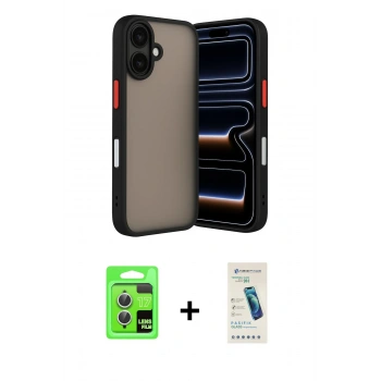 MARSİLYAN™- iPhone 17 Kılıf Ahenk Çizgi Serisi - Şeffaf Pasifik Cam Ekran Koruyucu + Raze Metal Kamera Lens - GS